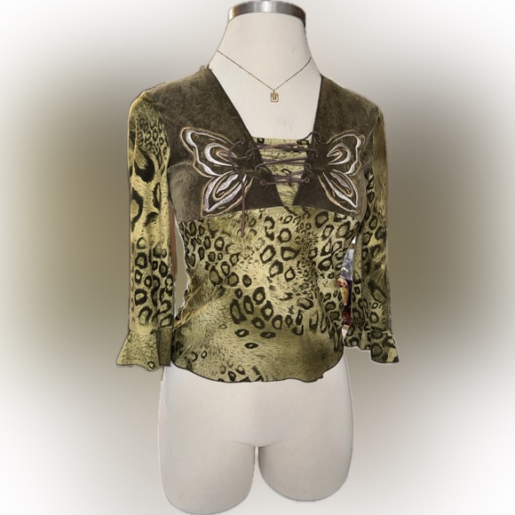 Tops - Women’s Y2K Olive Green Animal Print Lace-Up Top with Butterfly Embroidery